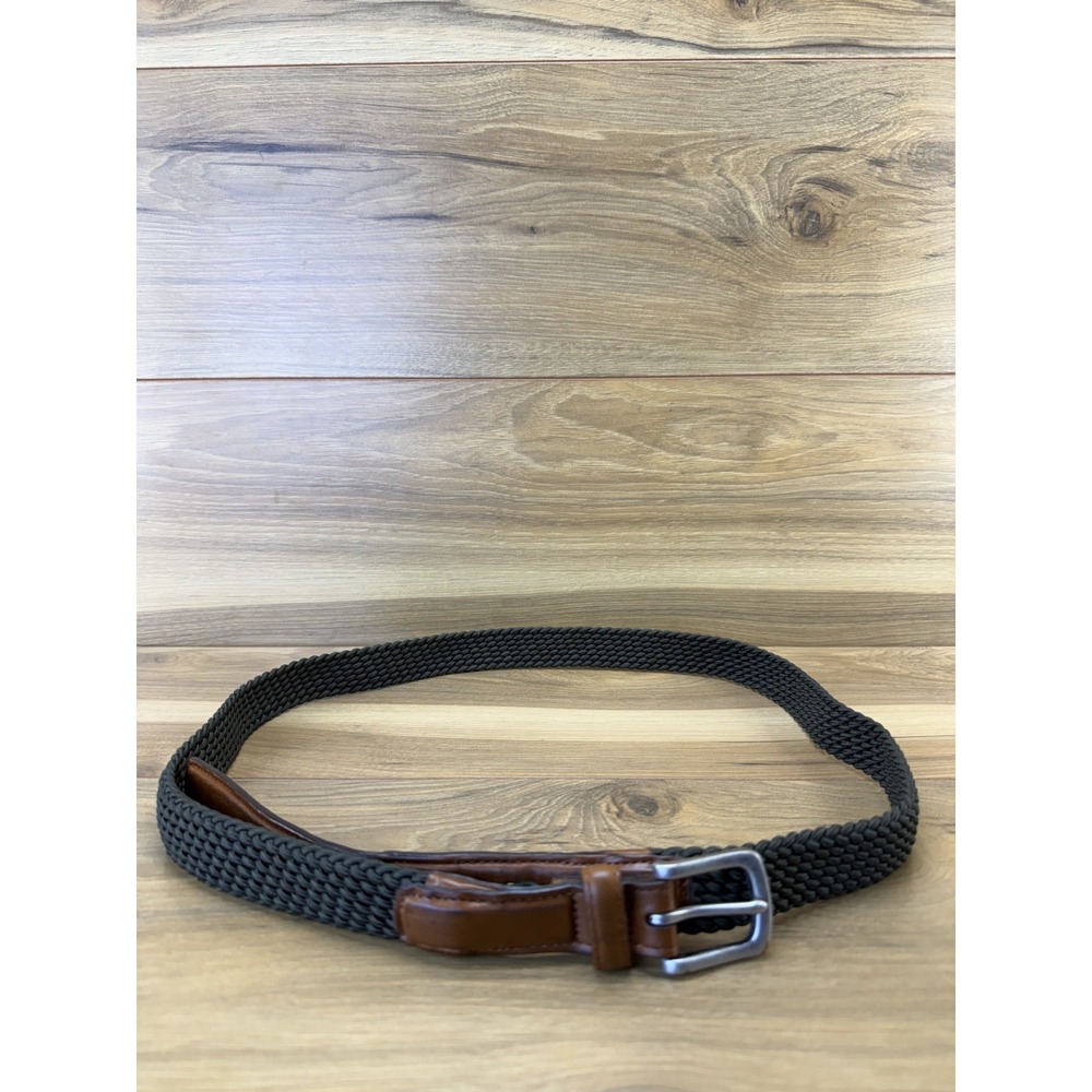 ORVIS Weave Stretch Belt Mens 46 Dark Olive Green Leather Trim Casual